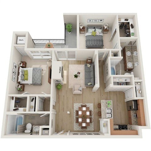 A 3D floor plan of a small apartment with a kitchen, living room, and bathroom.