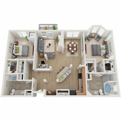 A detailed 3D floor plan of a small apartment layout.