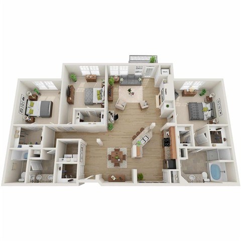 A detailed 3D floor plan of a house showing all rooms and their layout.