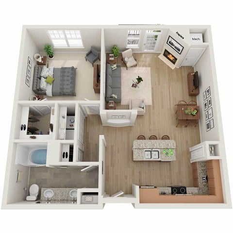 A 3D floor plan of a house with a kitchen, living room, and bathroom.