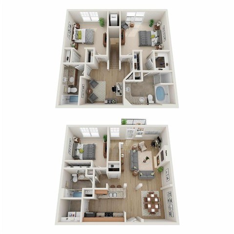 A top and bottom view of a small apartment layout.