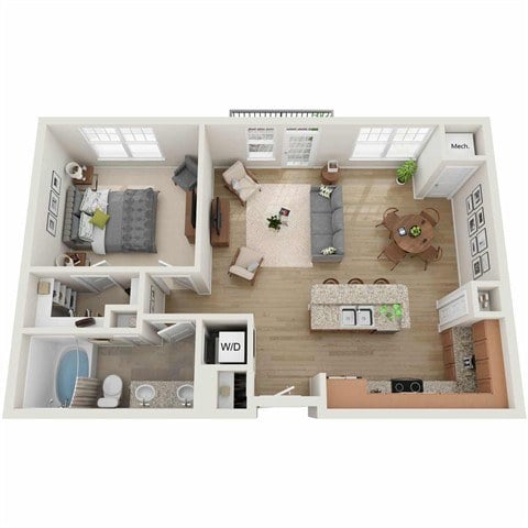 A floor plan of a two-bedroom apartment with a living room, kitchen, and bathroom.
