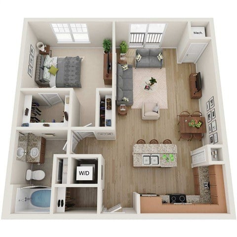 A dollhouse floor plan with furniture and appliances.