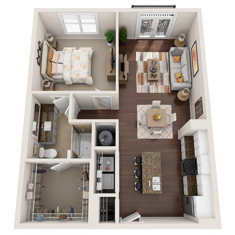 A top-down view of a small apartment with a kitchen, living room, and bedroom.