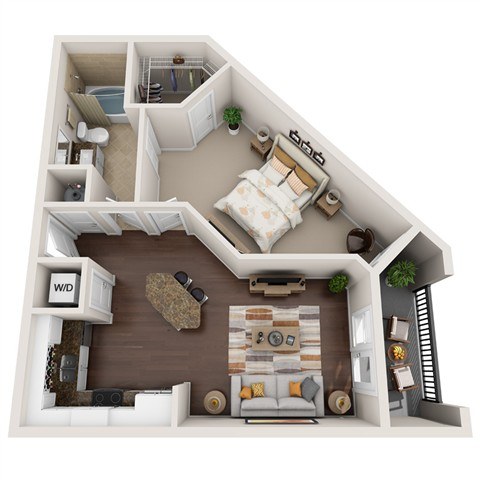 A 3D rendered image of a house layout with a living room, kitchen, and bedrooms.