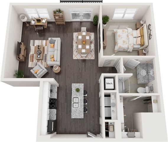 A top-down view of a modern apartment layout with a kitchen, living room, and bedroom.
