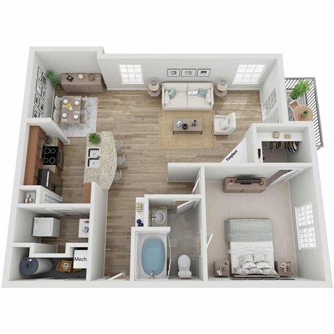 A 3D floor plan of a small apartment with a kitchen, living room, and bathroom.