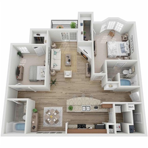 A top-down view of a modern apartment layout with a kitchen, living room, and bedrooms.