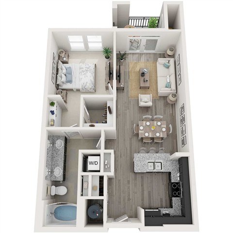 A floor plan of a small apartment with a living room, kitchen, and bedroom.
