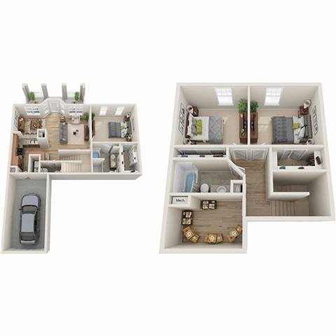 A floor plan of a two-bedroom apartment with a garage.