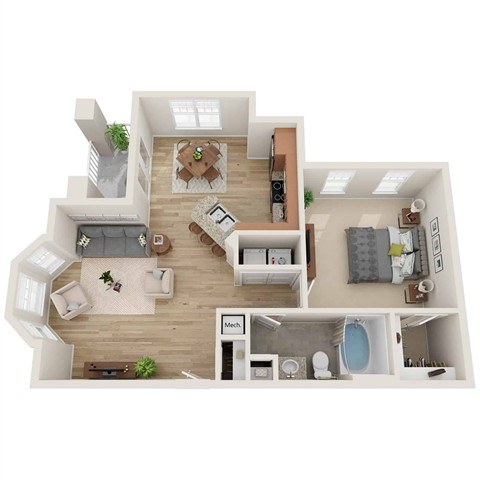 A top-down view of a two-story house with a living room, kitchen, dining room, and bathroom.