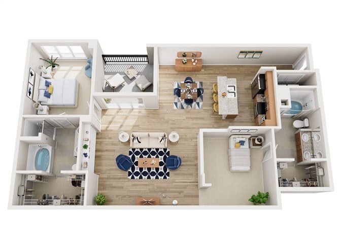 A top-down view of a small apartment with a kitchen, living room, and bathroom.