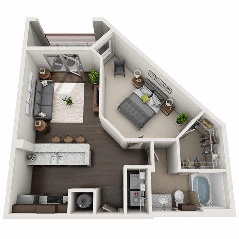 A 3D floor plan of a small apartment with a living room, kitchen, and bathroom.