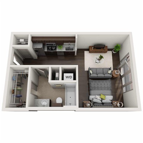 A 3D floor plan of a small apartment with a living room, kitchen, and bedroom.