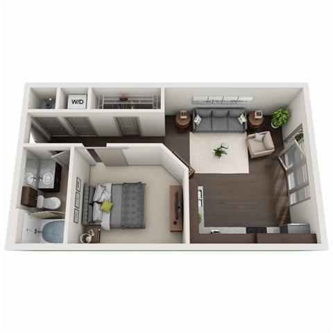 A top-down view of a small apartment with a bedroom, living room, and kitchen.