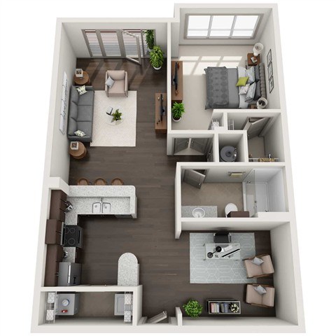 A 3D floor plan of a small apartment with a living room, kitchen, and bedroom.