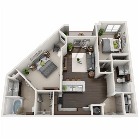 A top-down view of a two-story apartment with a living room, kitchen, and bedrooms.