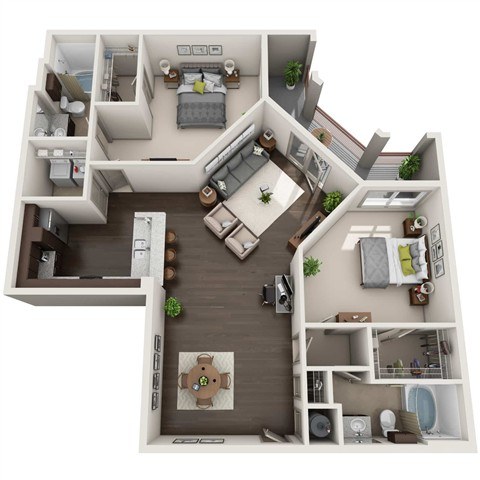 A 3D floor plan of a small apartment with a kitchen, living room, and bedroom.
