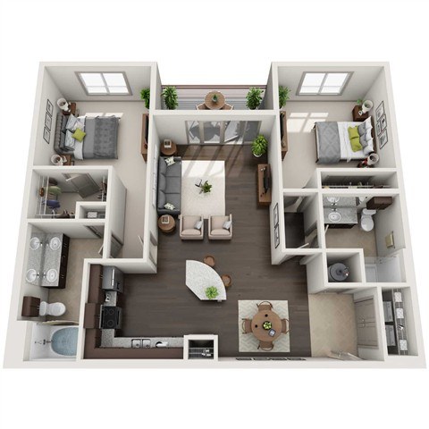 A 3D floor plan of a house with a kitchen, living room, and two bedrooms.