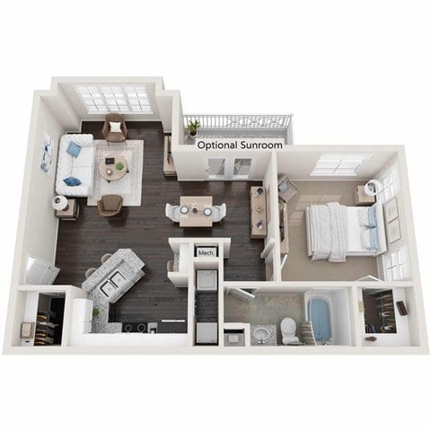 A floor plan of a house with a living room, kitchen, and two bathrooms.
