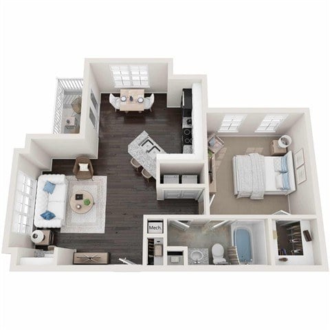 A top-down view of a small apartment with a kitchen, living room, and bathroom.