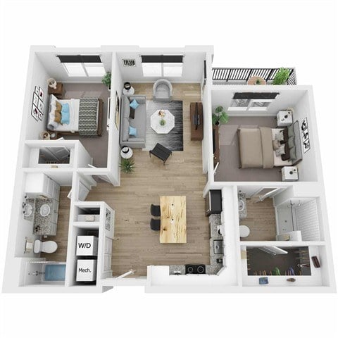 A top-down view of a small apartment with a kitchen, living room, and bathroom.