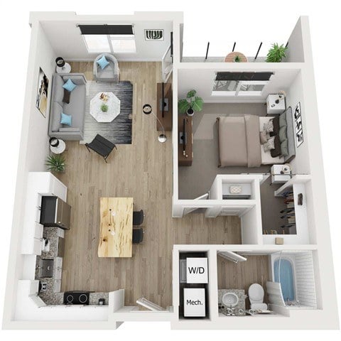 A floor plan of a small apartment with a living room, kitchen, and bathroom.