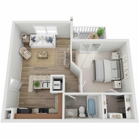 A floor plan of a small apartment with a living room, kitchen, and bathroom.