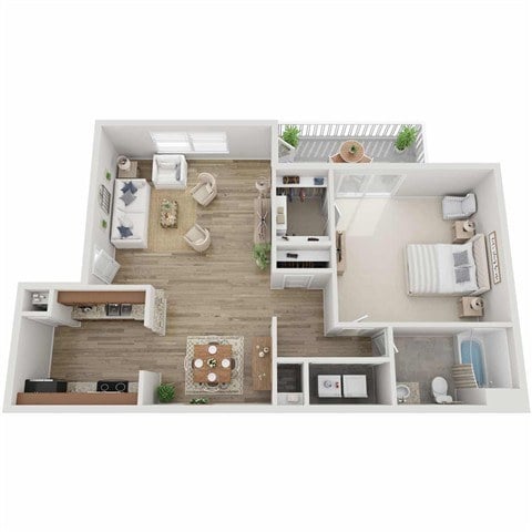 A top-down view of a small apartment with a kitchen, living room, and bedroom.