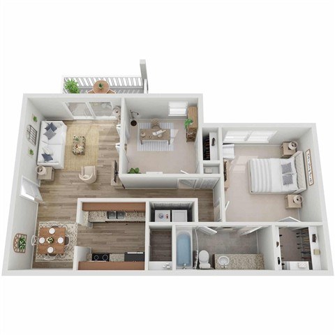 A top-down view of a small apartment with a kitchen, living room, and bathroom.