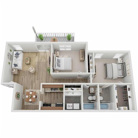 A top-down view of a small, neatly organized apartment with a kitchen, living room, and bedrooms.