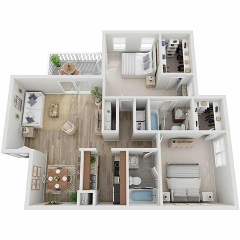 A 3D floor plan of a house with a kitchen, living room, and bedrooms.