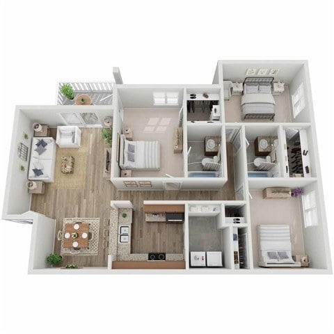 A top-down view of a house layout with a kitchen, living room, and bedrooms.
