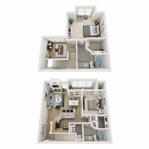 A floor plan of a two-story apartment with a living room, kitchen, and bathroom on the first floor, and a bedroom with a bathroom on the second floor.,A 3D floor plan of a house with a kitchen, living room, dining room, and bathroom.,A 3D floor plan of a small apartment with a kitchen, living room, and bedroom.