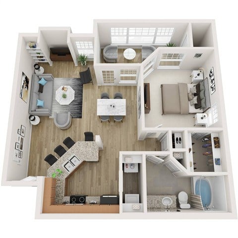 A top-down view of a small apartment with a kitchen, living room, and bedroom.