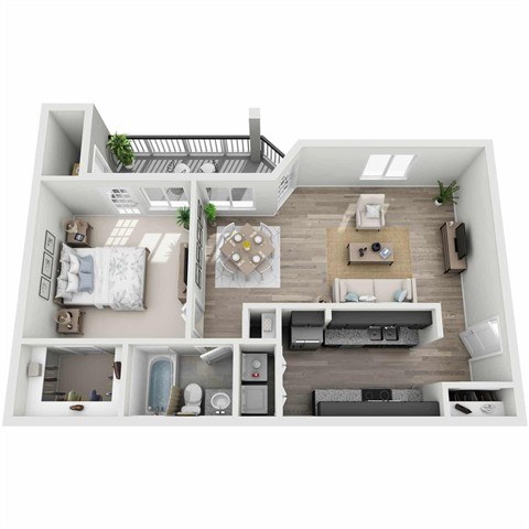 A top-down view of a modern apartment layout with a living room, kitchen, and bedrooms.