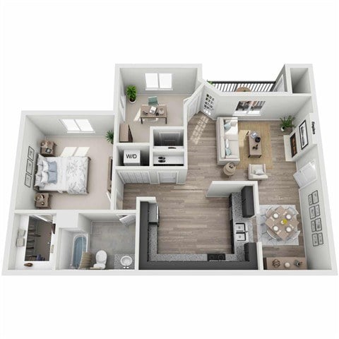 A 3D floor plan of a house showing a living room, kitchen, and bedrooms.