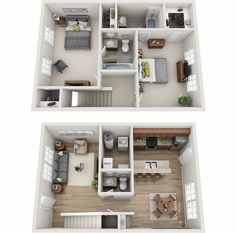 Two floor plan of a house with two bedrooms and a living room.