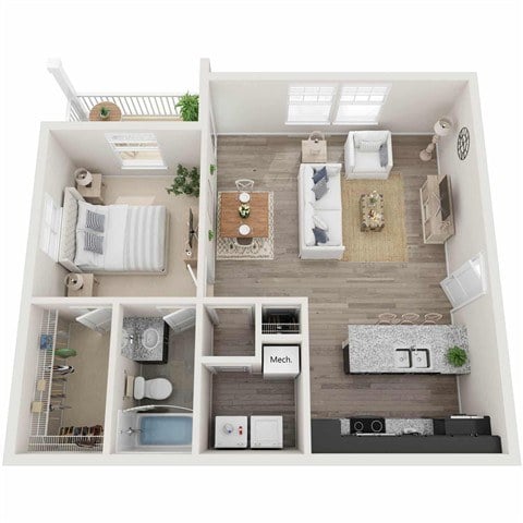A top-down view of a small apartment with a kitchen, living room, and bathroom.