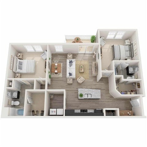 A top-down view of a small, well-organized apartment with a kitchen, living room, and bathroom.