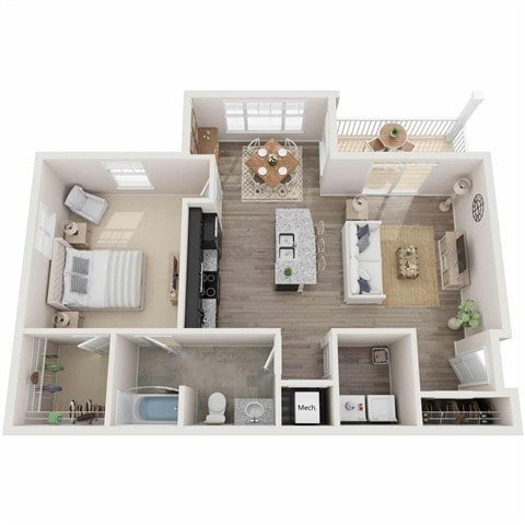 A top-down view of a small apartment with a kitchen, living room, and bathroom.