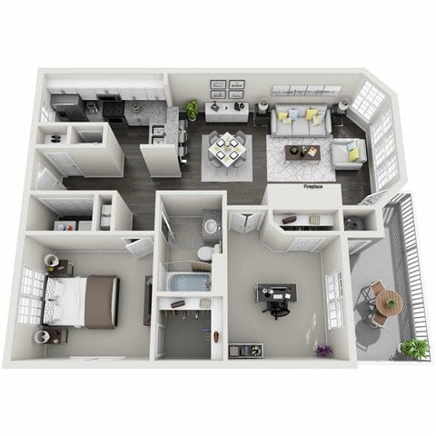 A top-down view of a two-bedroom apartment with a living room, kitchen, and bathroom.