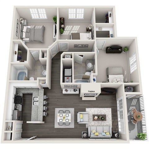 A 3D floor plan of a small apartment with a kitchen, living room, and bedroom.