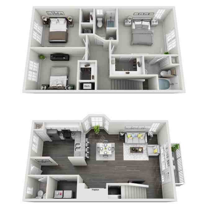 A diagram of a two-story house with labeled rooms.,A 3D floor plan of a modern house with a kitchen, living room, and two bedrooms.,A 3D rendered image of a small, efficient apartment layout.