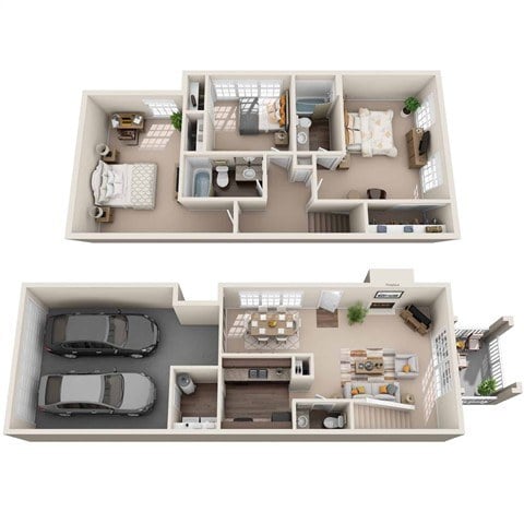 A top and bottom view of a house layout with two bedrooms, a living room, a kitchen, a dining room, and two parking spaces.