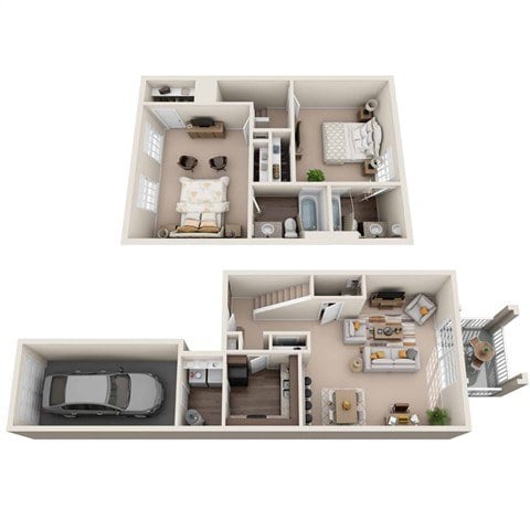 A top and side view of a dollhouse apartment with a car.