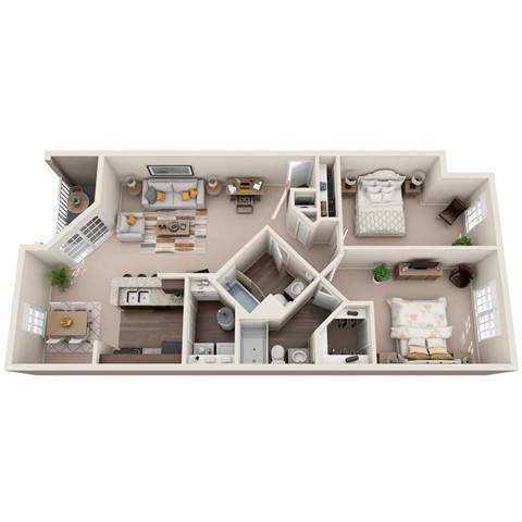 A top-down view of a house layout with various rooms and furniture.
