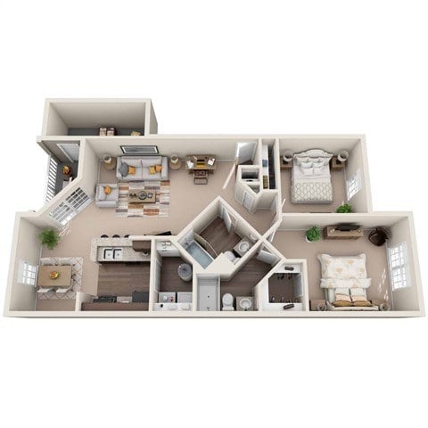 A 3D floor plan of a house with a kitchen, living room, and bedrooms.