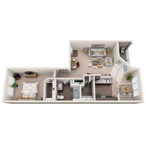 A white model of a house with a kitchen, living room, and bathroom.
