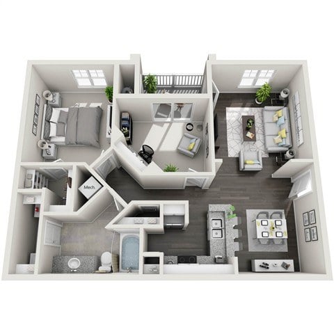A 3D floor plan of a small apartment with a kitchen, living room, and bedrooms.